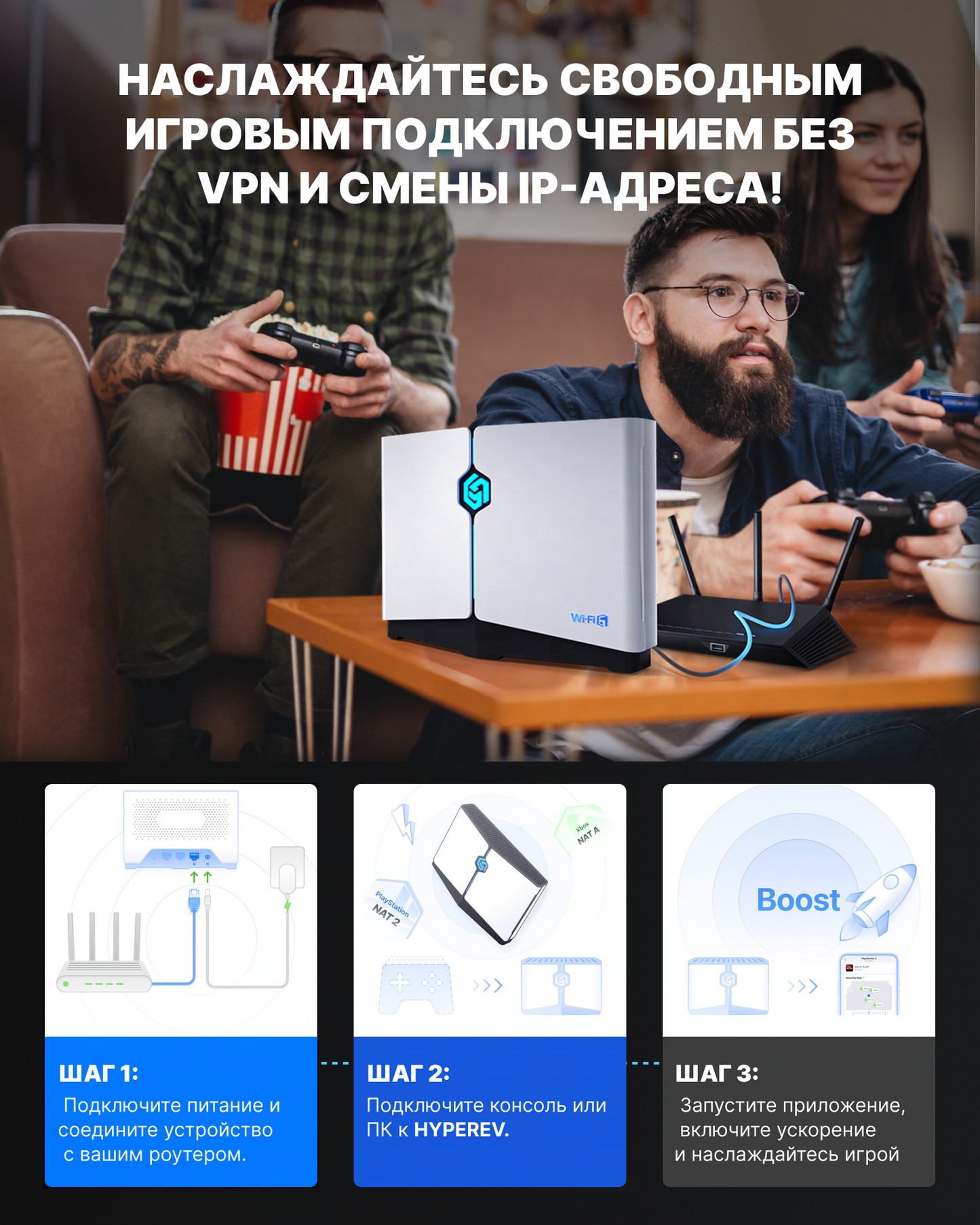 HYPEREV Wi Fi 6 Игровой маршрутизатор для PS5, PS4, XBOX, SWITCH, ПК